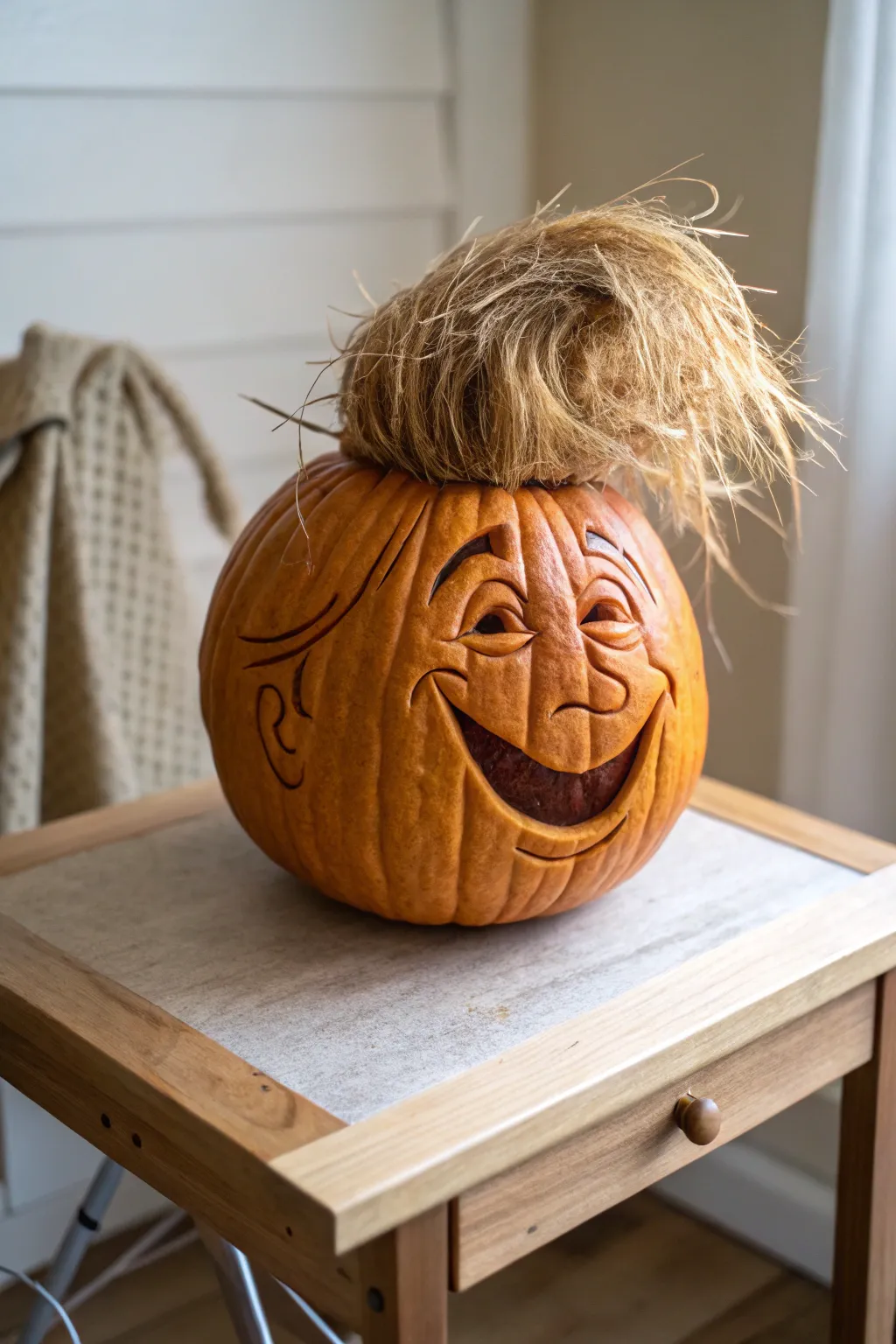 Add a funny twist to your Halloween decor with a Toupée Pumpkin!