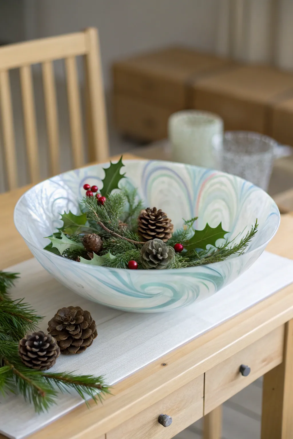 Elevate your holiday table with a touch of elegant simplicity: a fused glass centerpiece with natural charm.
