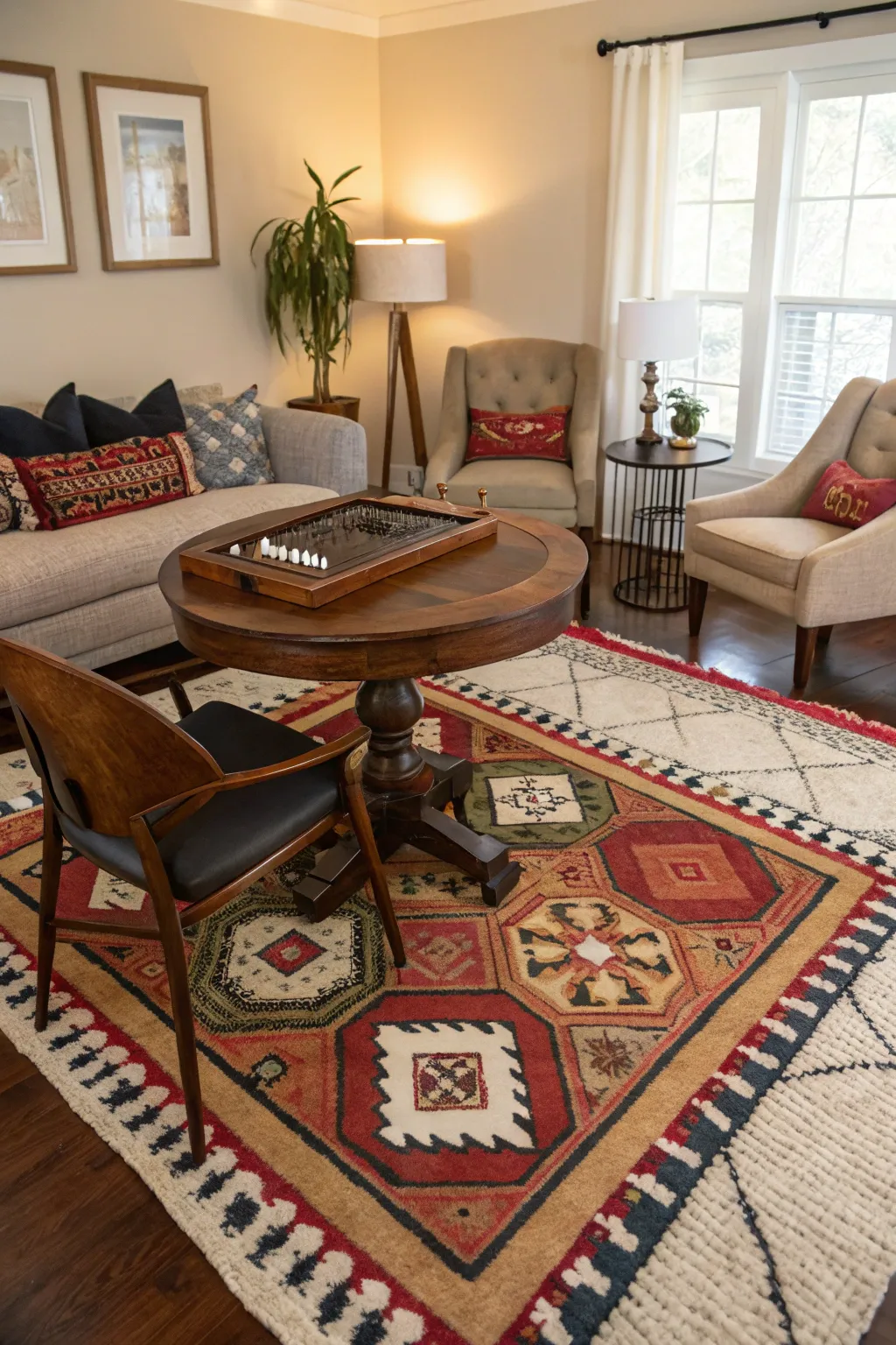 Layered rugs create a cozy and defined gaming area.