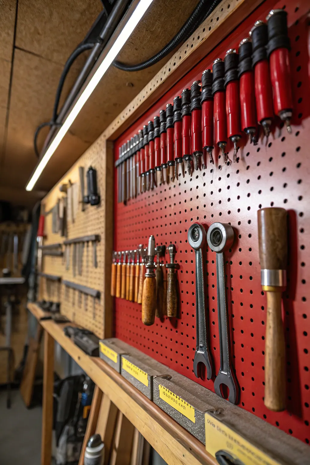 Elevate your garage storage with an old-school pegboard - where craftsmanship meets functionality in style.
