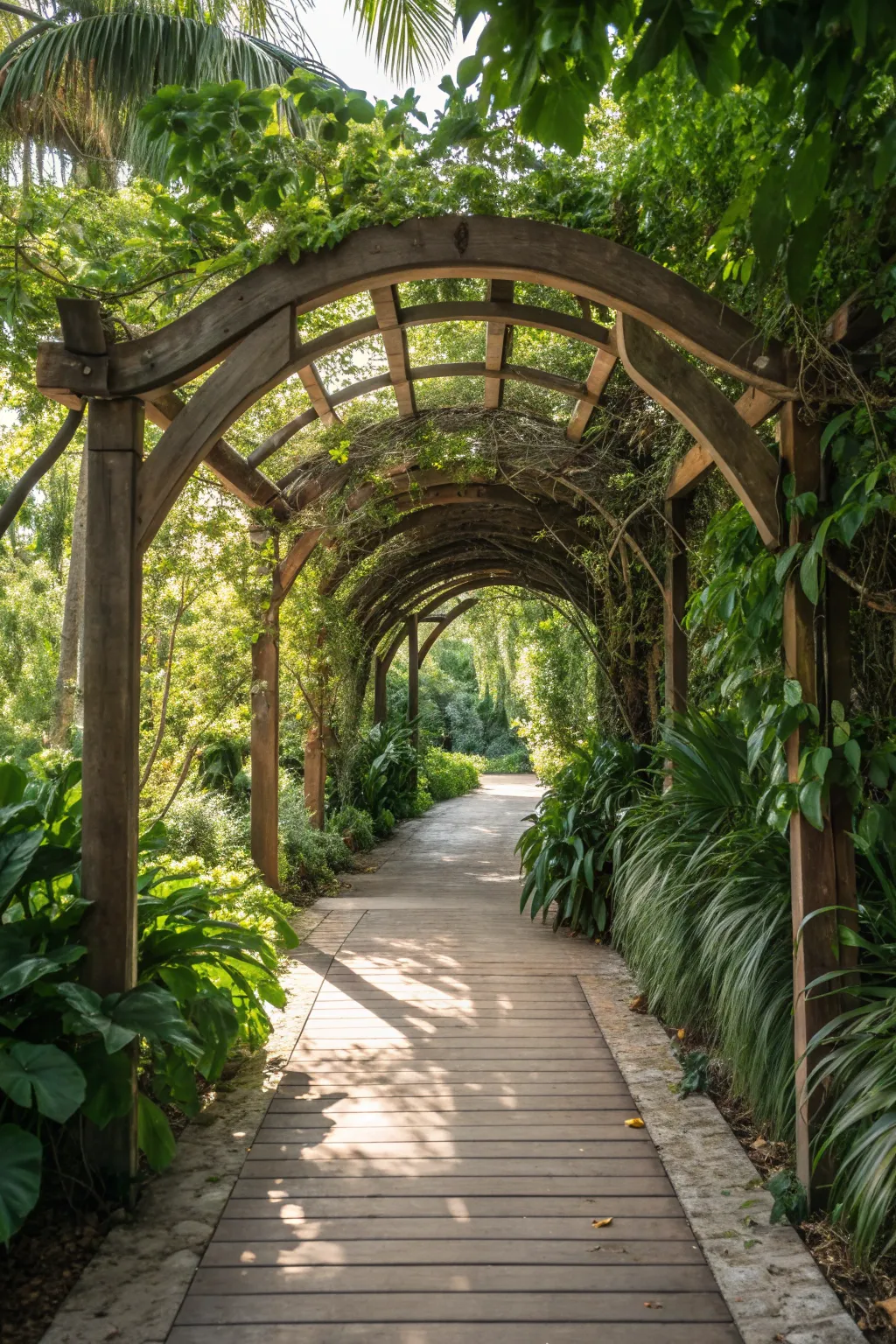 Step into a tropical oasis with this lush garden tunnel, where simplicity meets nature's splendor.
