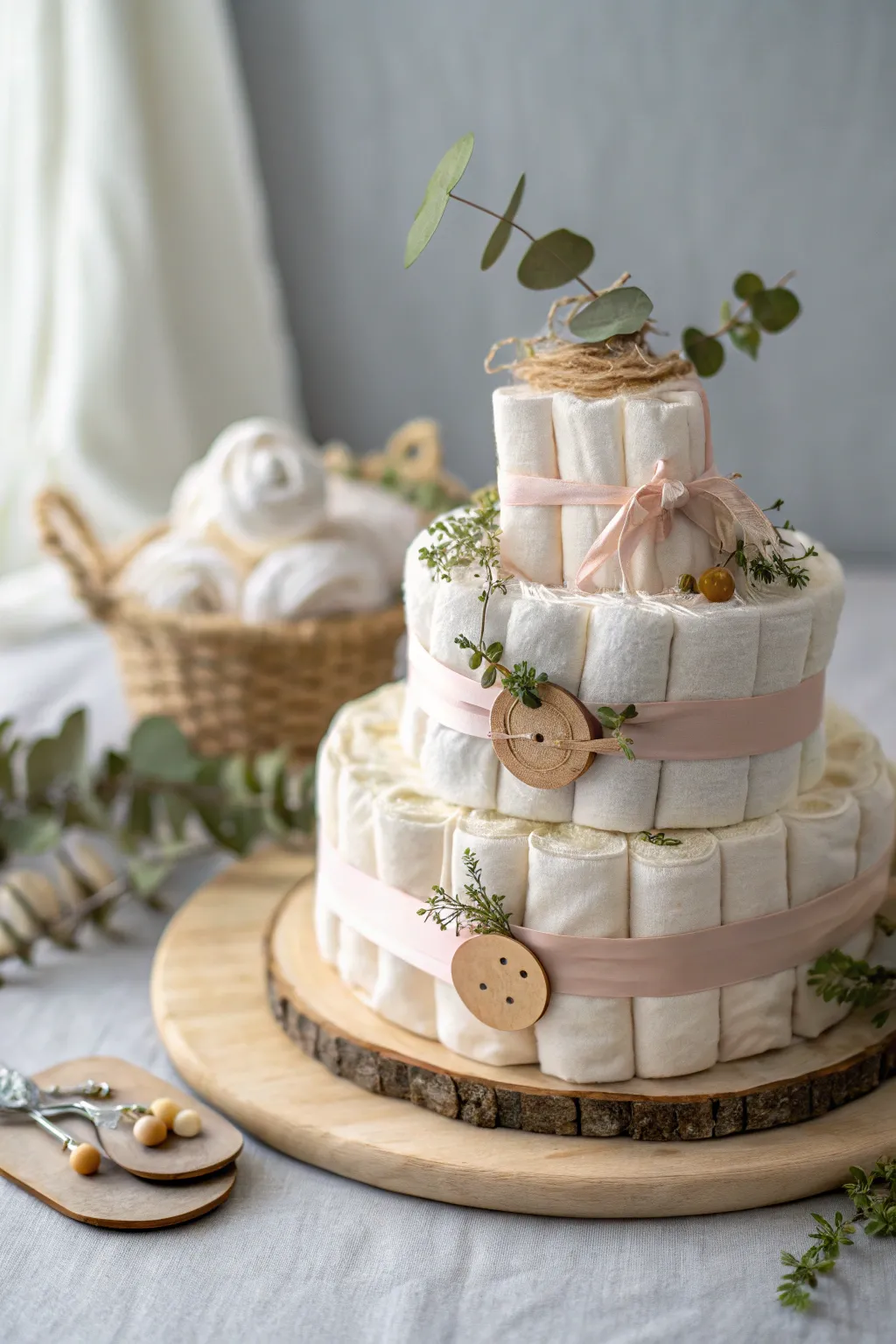 Sustainability meets style with this eco-friendly diaper cake, perfect for the modern parent.