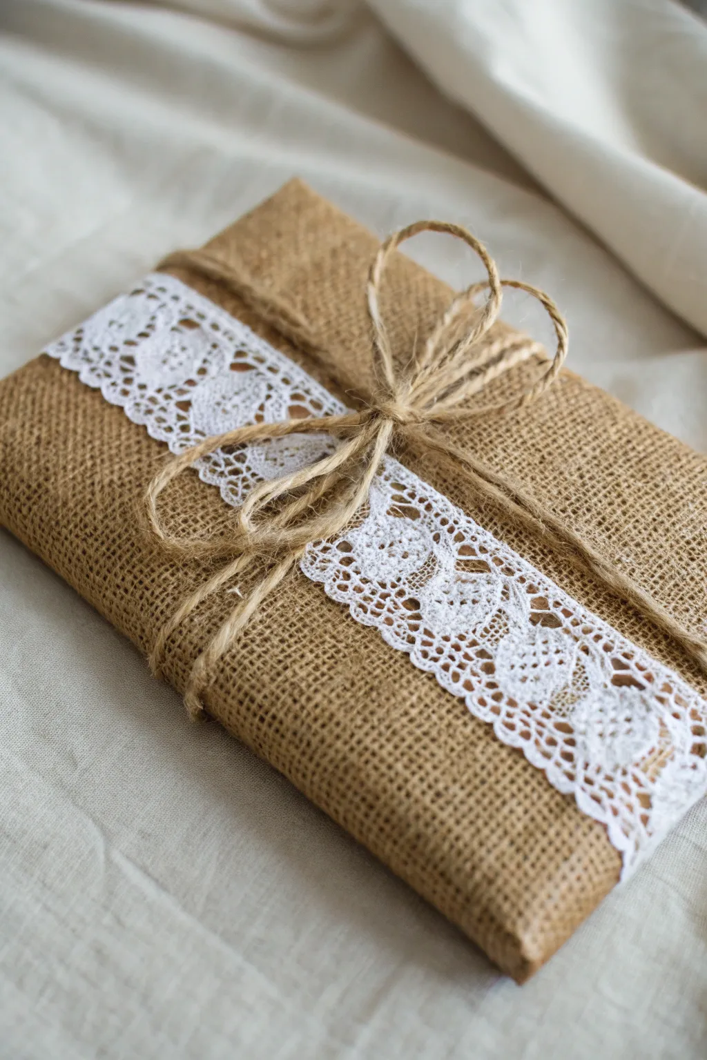 Rustic elegance meets minimalist charm: a burlap-wrapped gift that delights the senses.