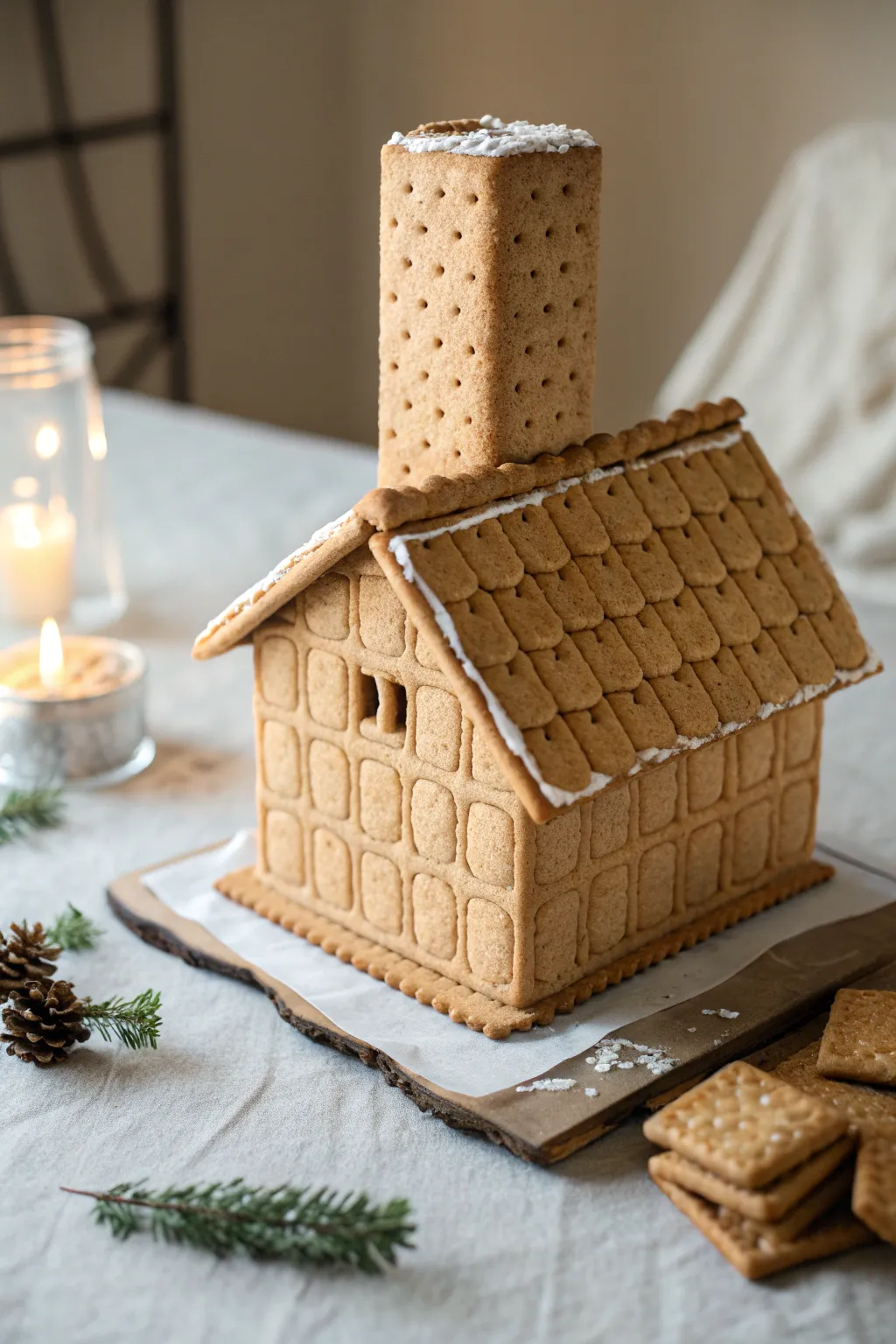 Elevate your gingerbread house with a charming graham cracker chimney – simplicity and craftsmanship in perfect harmony.