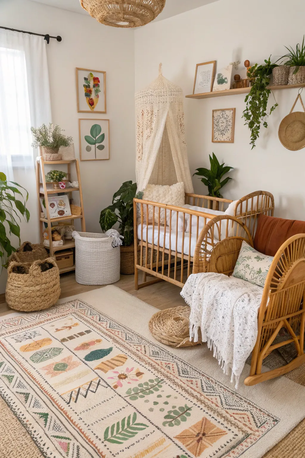 Boho elements create a warm, inviting nursery environment.