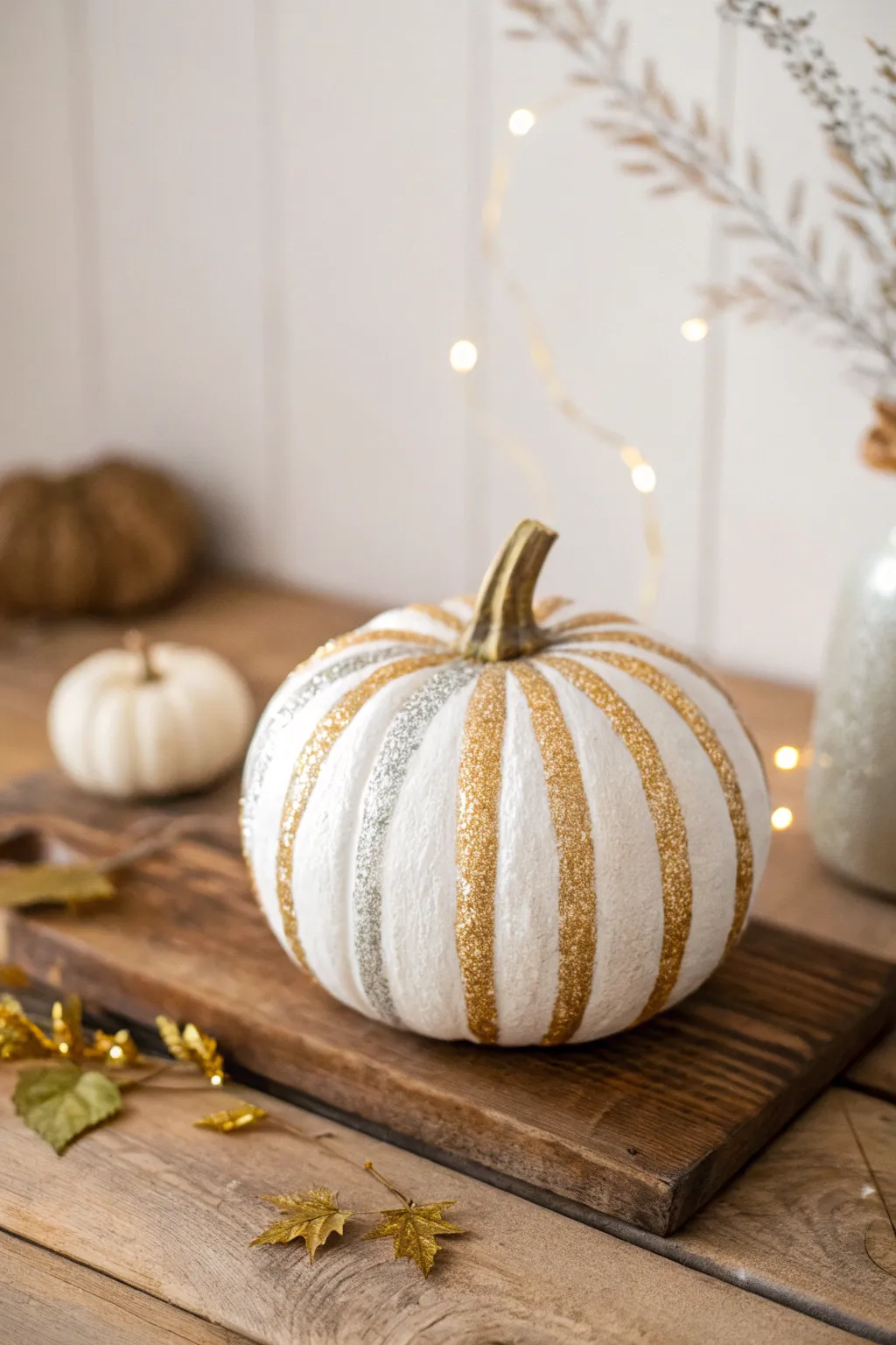 Add a touch of glitter glam to your autumn decor with this stunning painted pumpkin.
