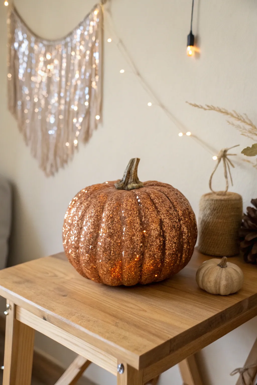Add a touch of sparkle to your autumn decor with a sequin-covered pumpkin, perfect for capturing the magic of evening gatherings.