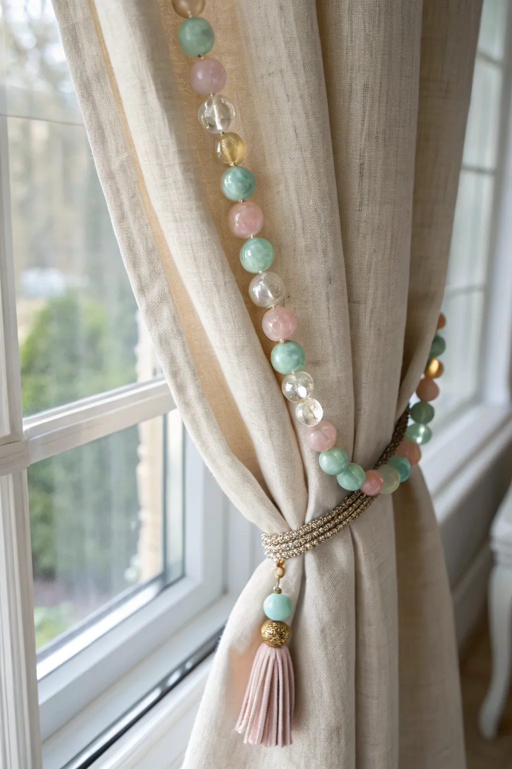 Elevate your space with the delicate charm of glass bead curtain tiebacks, blending minimalist elegance with boho flair.