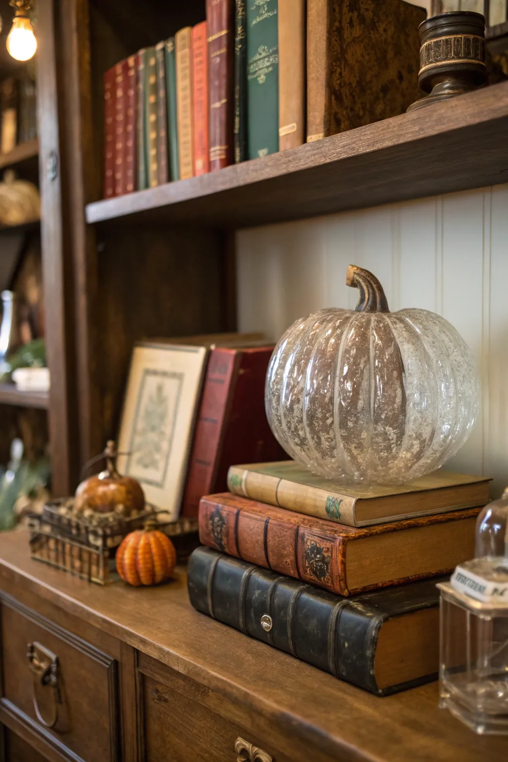 Vintage and glass pumpkins create a story-rich decor.