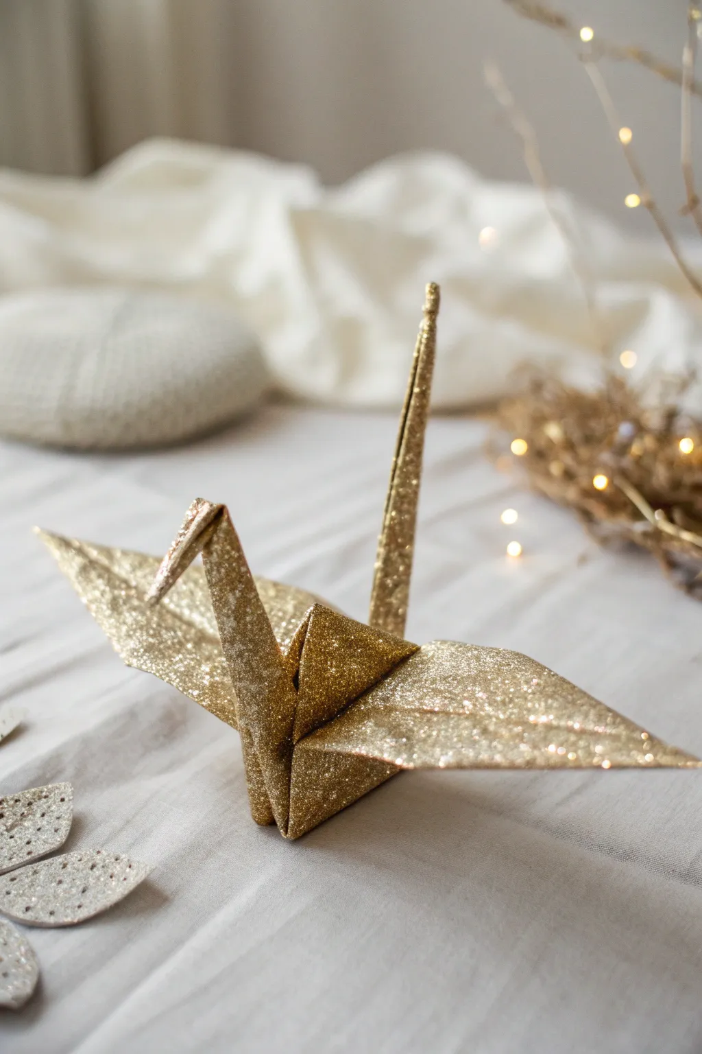 Add a touch of sparkle to your space with a glittery origami crane!