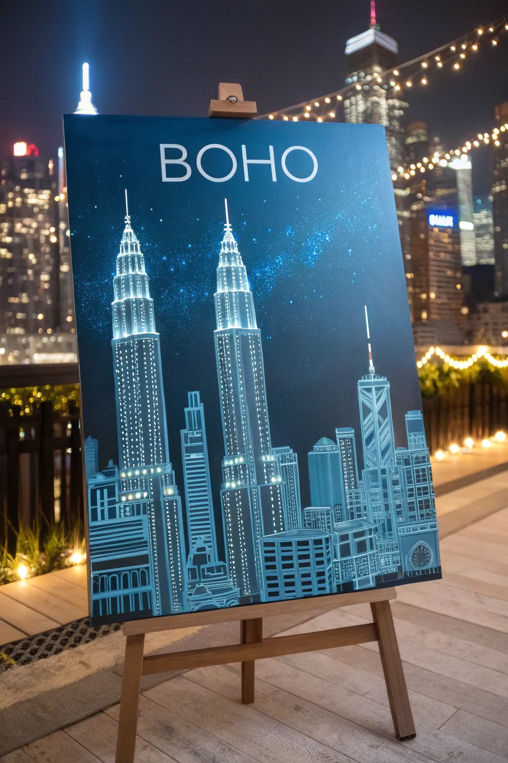 Step into the future with this enchanting glow-in-the-dark cityscape, where minimalist elegance meets neon dreams.