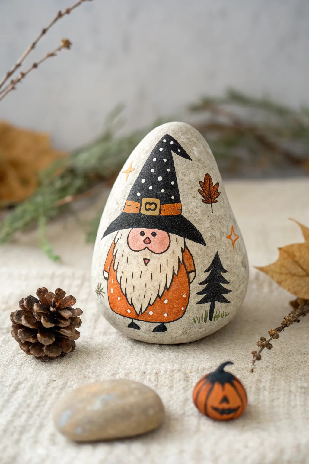 Embrace the spooky season with a charming Halloween Trickster Gnome rock painting!