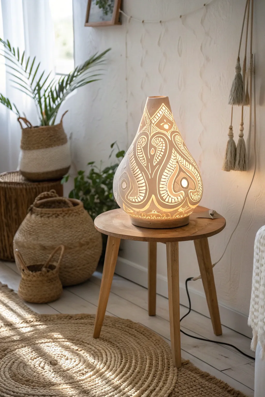 Illuminate your space with the enchanting glow of a handcrafted gourd lamp, where artistry meets natural elegance.