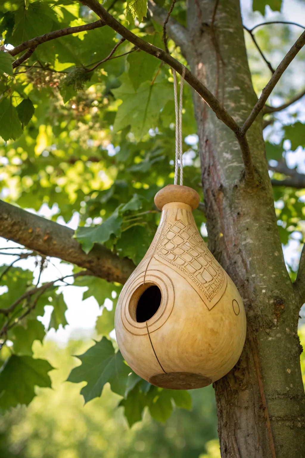 Welcome winged visitors with this graceful gourd birdhouse, where simplicity meets natural beauty.
