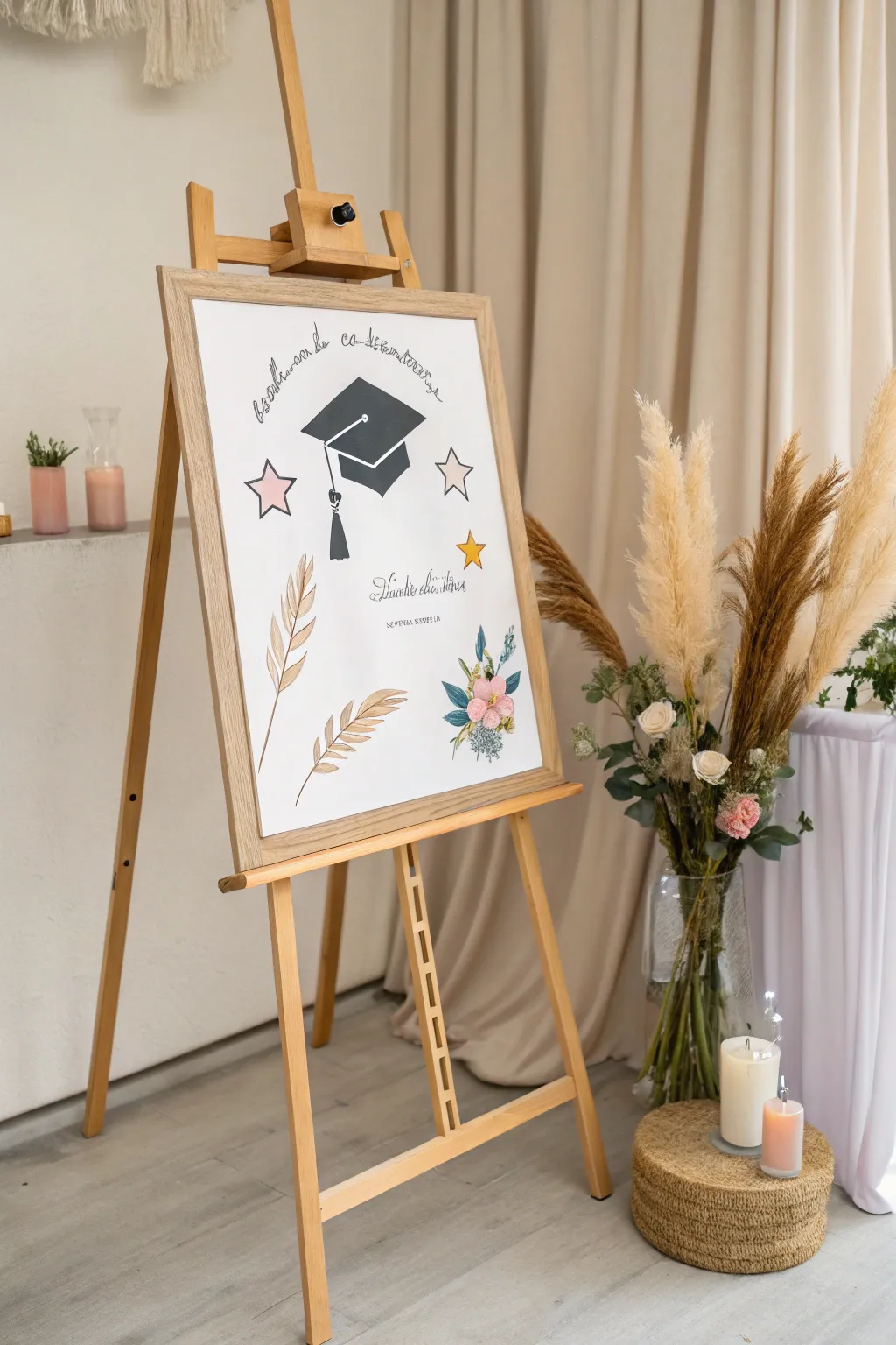 Celebrate your unique style with a minimalist pop culture-themed graduation board that combines Scandinavian simplicity with a touch of boho charm.
