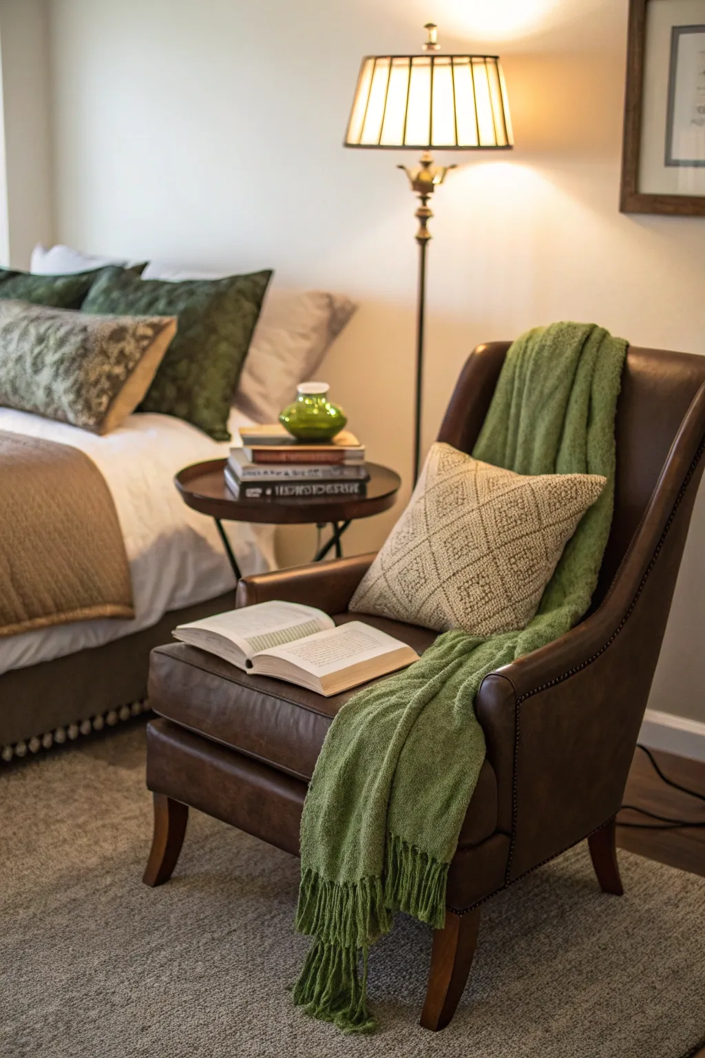 A cozy reading nook nestled within a green and brown bedroom.
