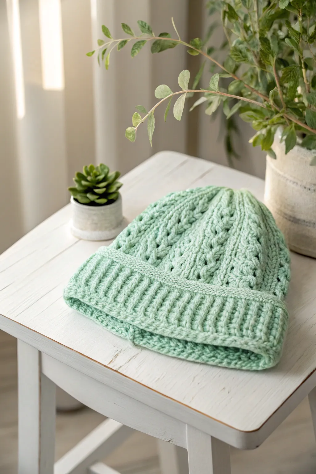 Embrace winter with the warmth of a minty crochet beanie—where elegance meets cozy comfort.