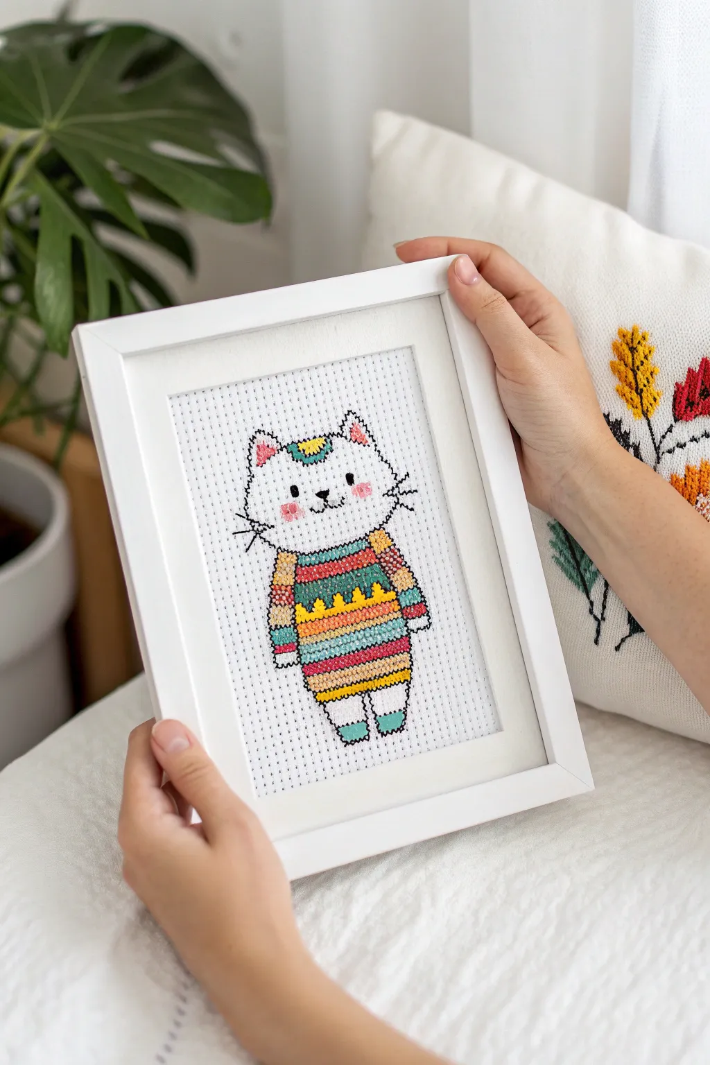 Embrace the charm of pixel art with this whimsical white cat in colorful attire.