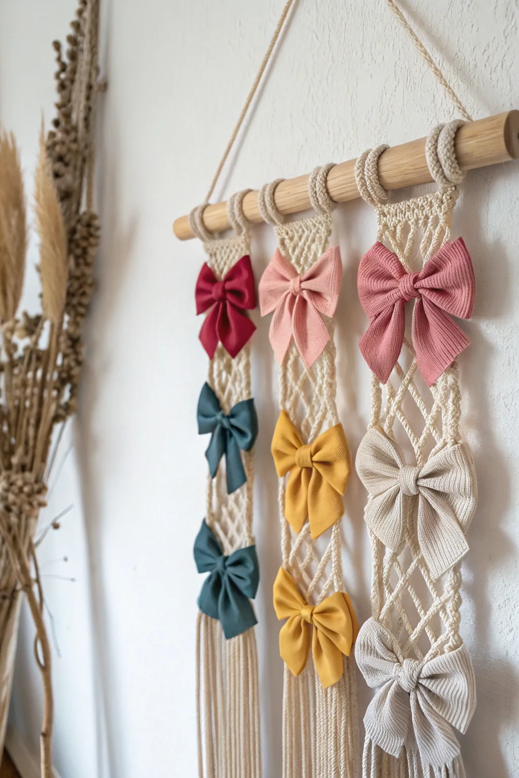 Elevate your space with this chic macramé hanger, perfect for organizing hair bows with a touch of boho elegance.