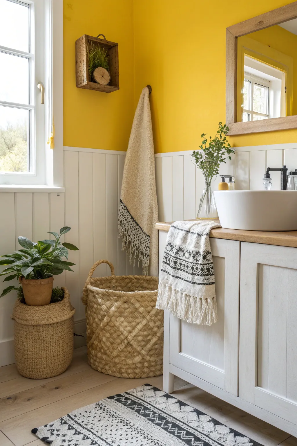 Transform your space with a bold splash of sunshine! Discover the charm of a vibrant yellow half-wall for a cheerful Scandinavian-Boho bathroom makeover.