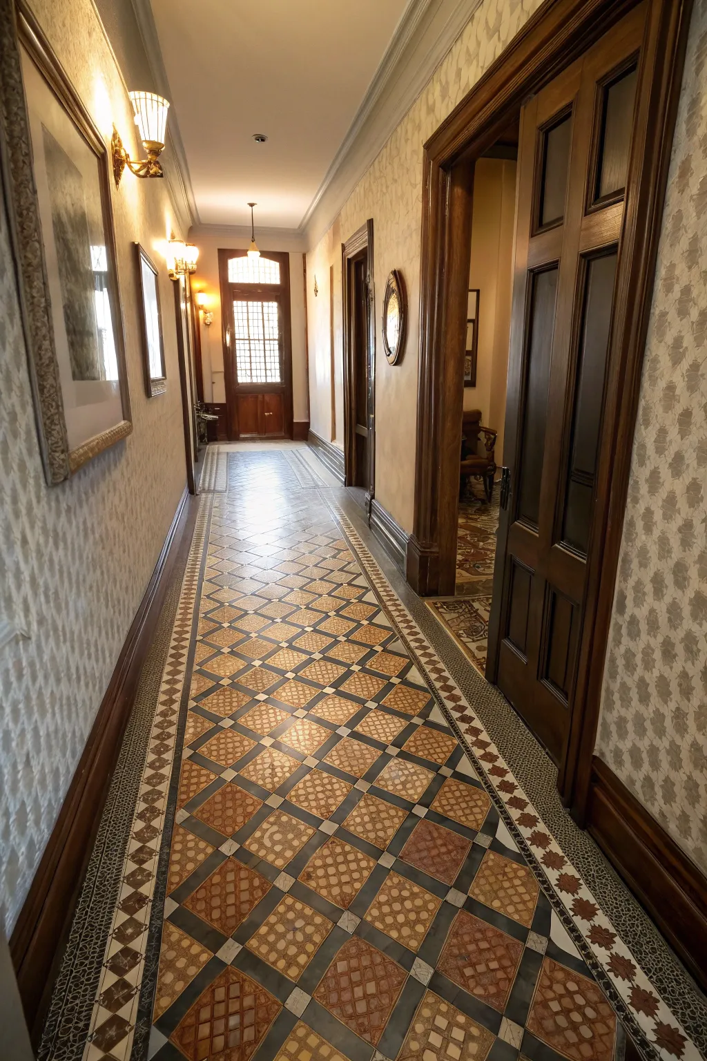 Vintage penny tiles bring a nostalgic charm.