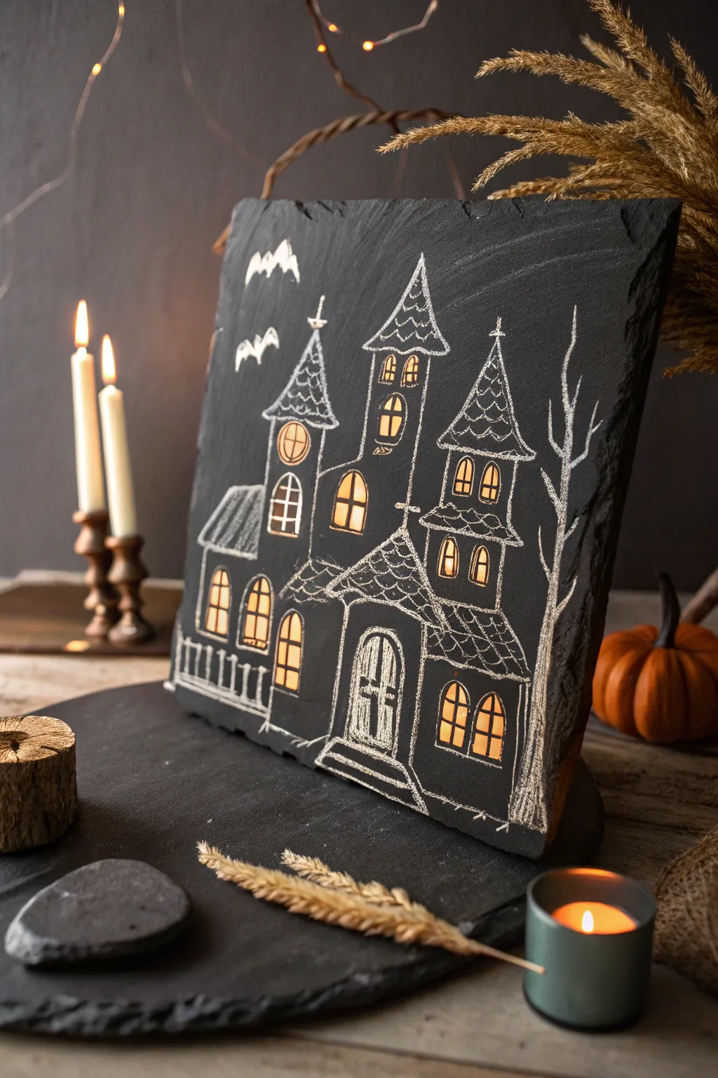 Elevate your Halloween decor with this stunning minimalist chalk art of a haunted house, perfect for a chic and spooky vibe!