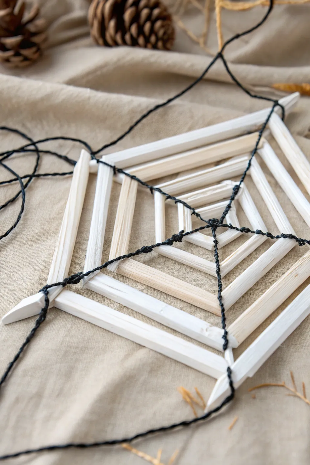 Crafting elegance: Minimalist popsicle stick spider webs for a chic Halloween!