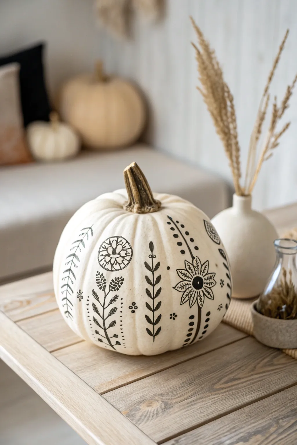 Transform your pumpkin into a minimalist masterpiece with temporary tattoos. #HalloweenCrafts #ScandiBoho