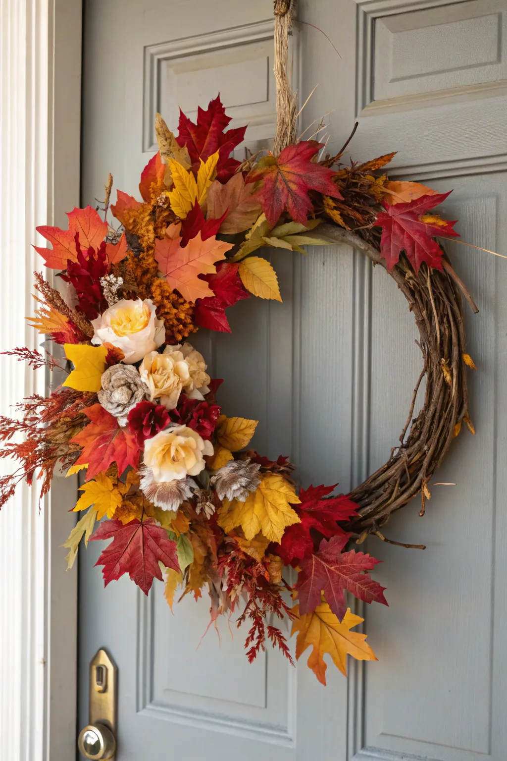 Embrace the warmth of autumn with a charming handmade wreath that adds a touch of nature's beauty to your Halloween decor.