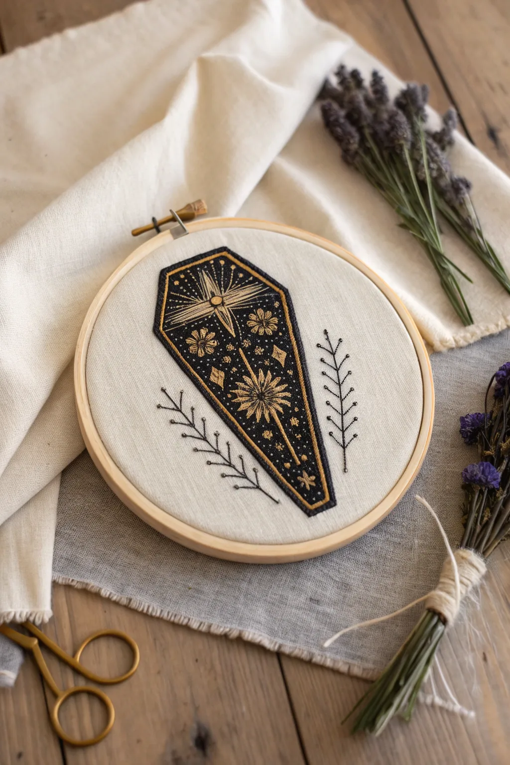 Embrace chic macabre with this beautifully stitched coffin motif, perfect for a minimalist Halloween touch.