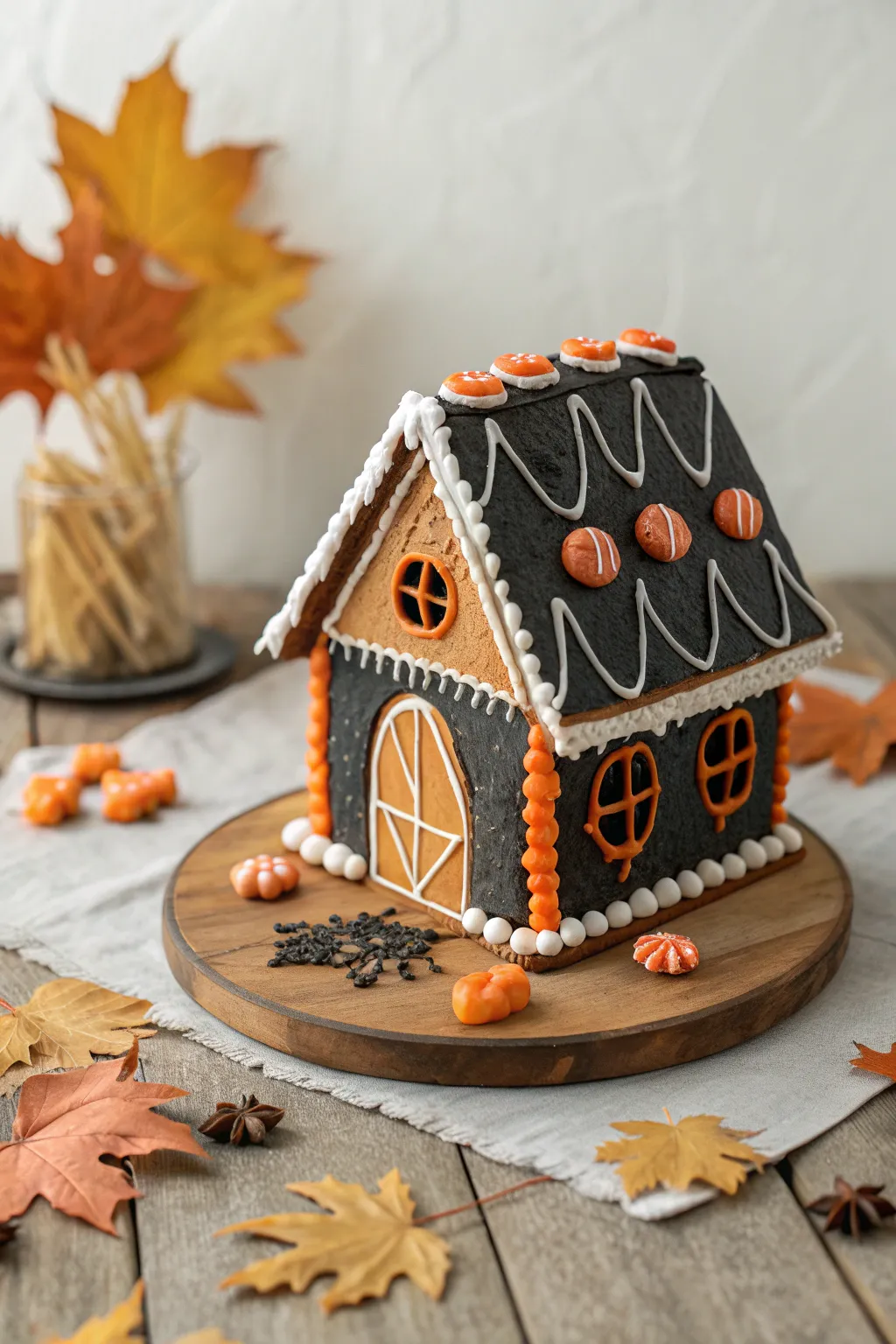 Embrace Halloween with this chic black and orange gingerbread house!