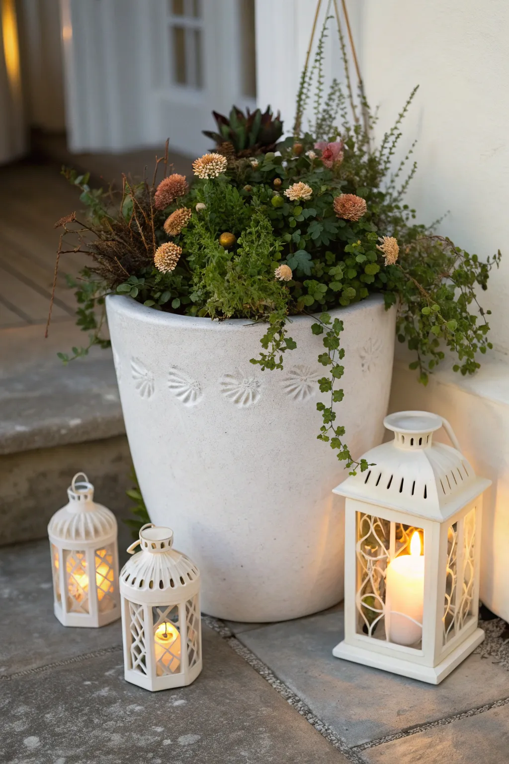 Illuminate your garden with enchanting lantern-lit planters for a magical autumn night.