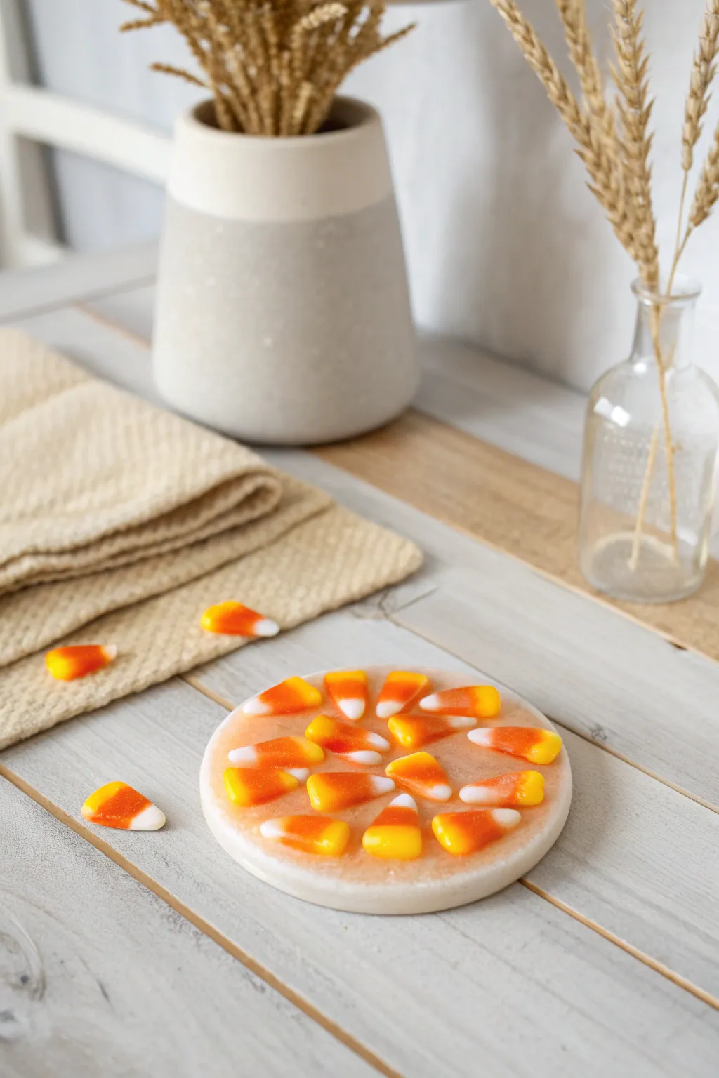Sweet nostalgia meets minimalist elegance with these candy corn resin coasters, perfect for a cozy Halloween vibe.