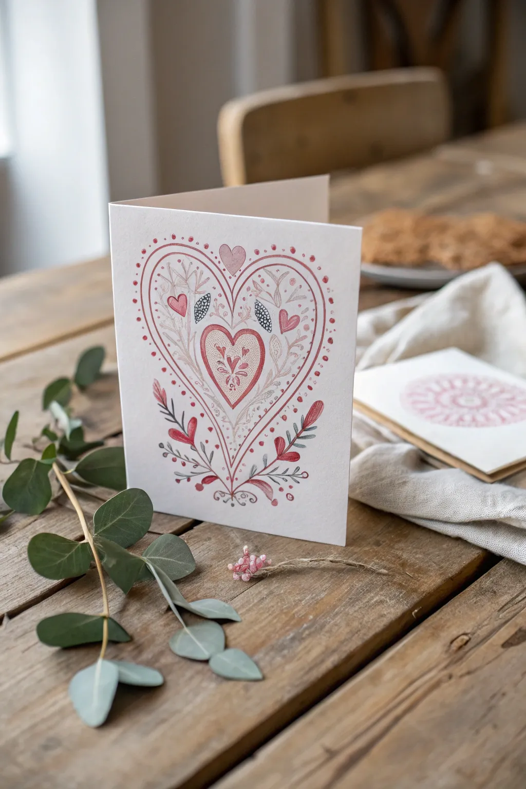 Celebrate love with handcrafted elegance: a Valentine's card in dreamy hues of pink and red.