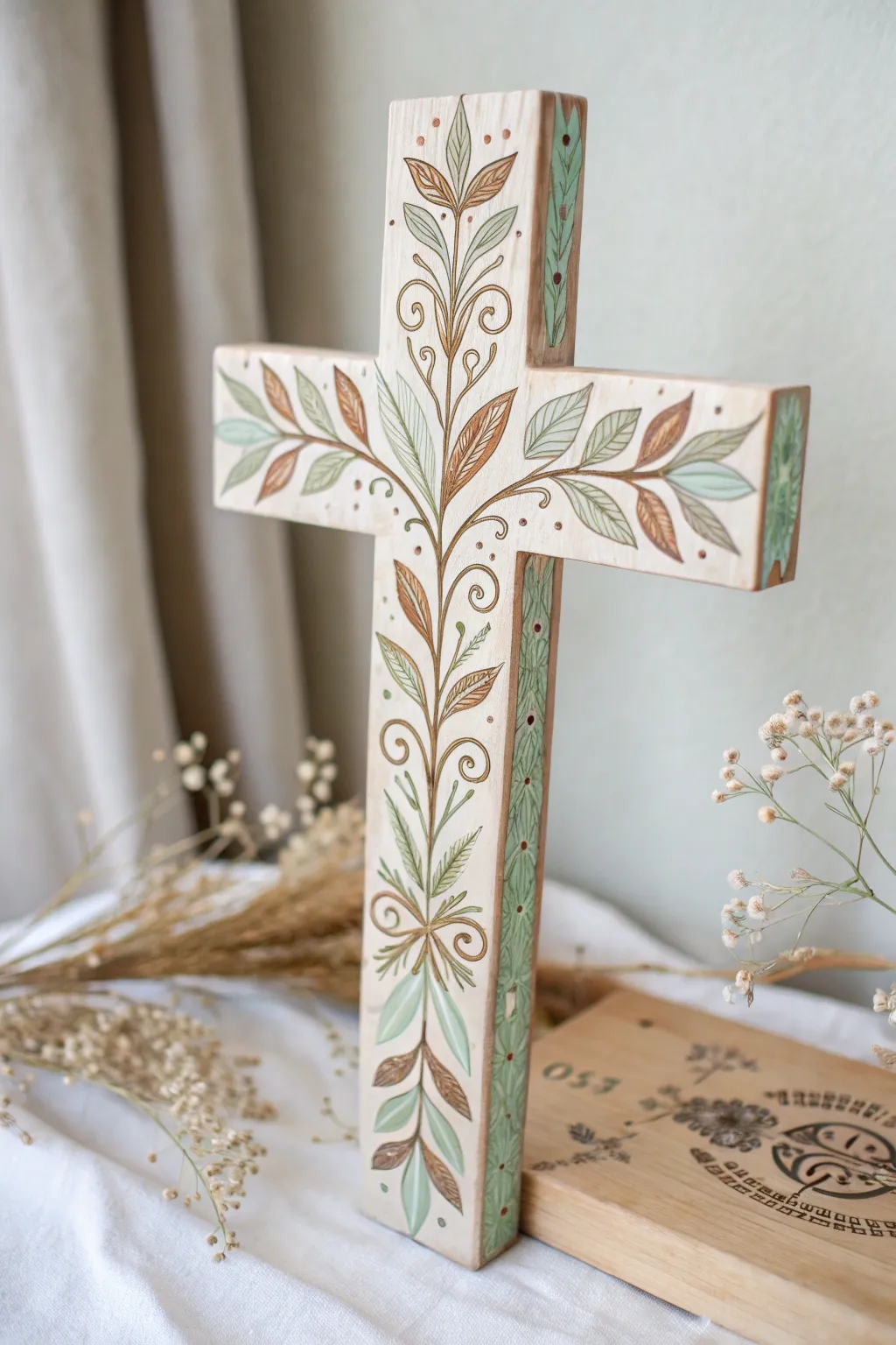 Embrace tranquility with a handcrafted cross adorned with nature's delicate touch.
