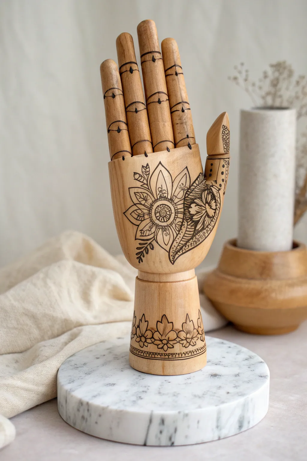 Merge art and decor with this stunning hand sculpture adorned in tattoo-inspired elegance.
