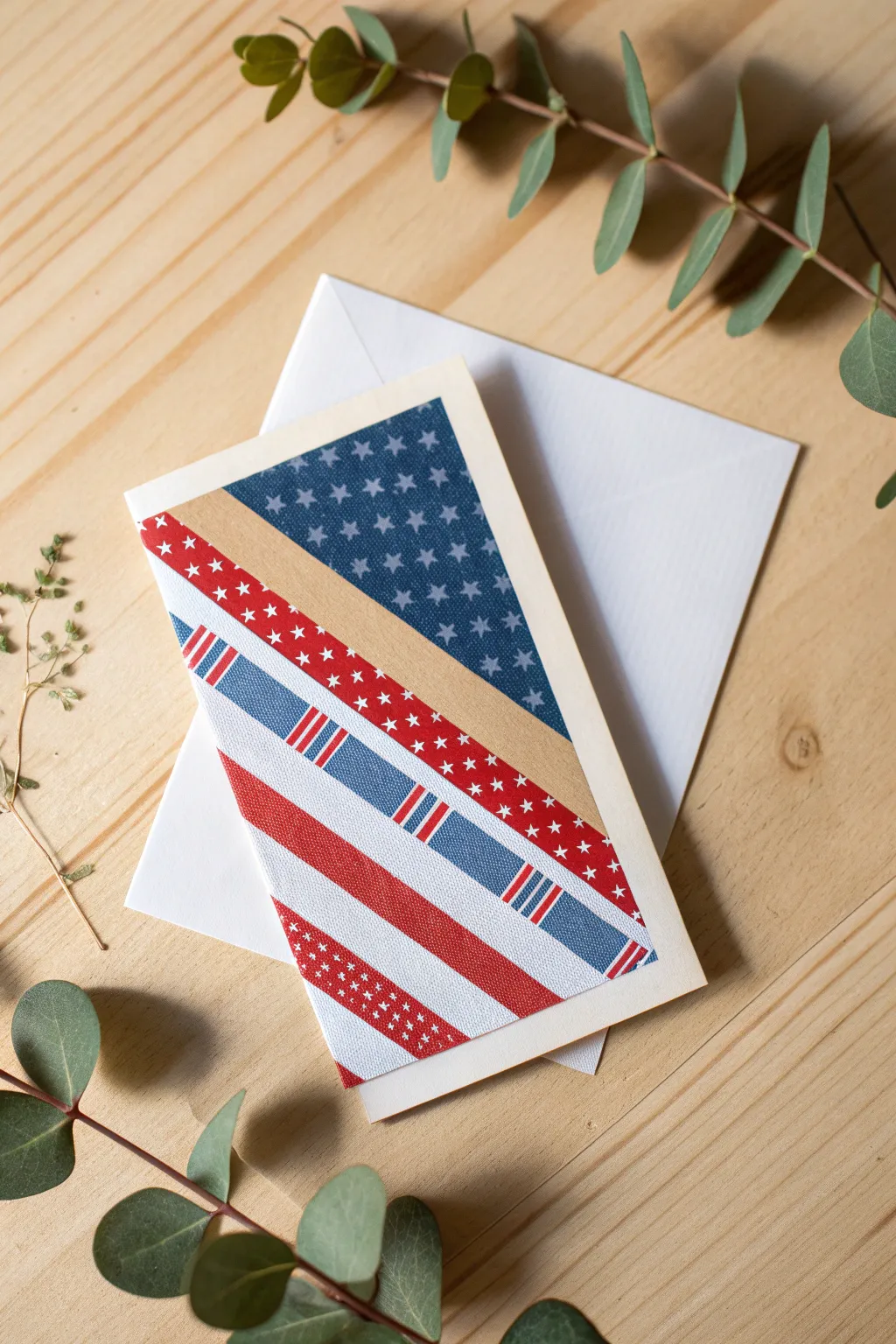 Celebrate Independence Day with minimalist charm: Handmade 4th of July card featuring vibrant washi tape stripes.