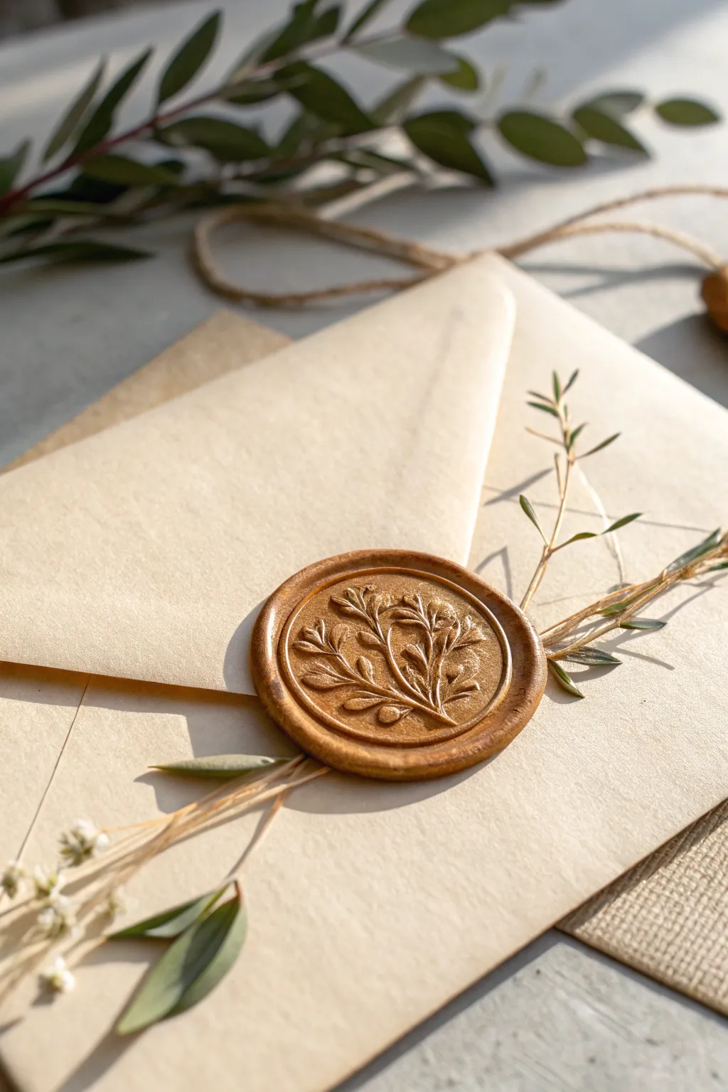 Seal your love with nature's elegance: Botanical wax seals for a timeless wedding invitation.