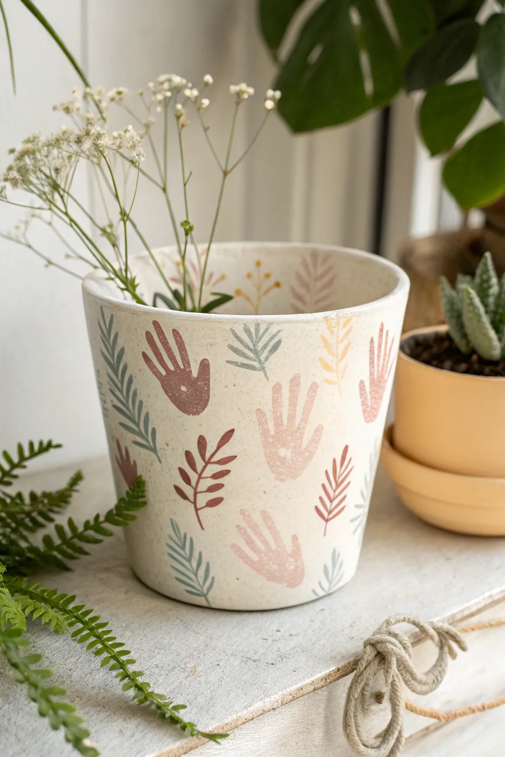 Plant memories that bloom: A handprint flower pot with a touch of boho charm.