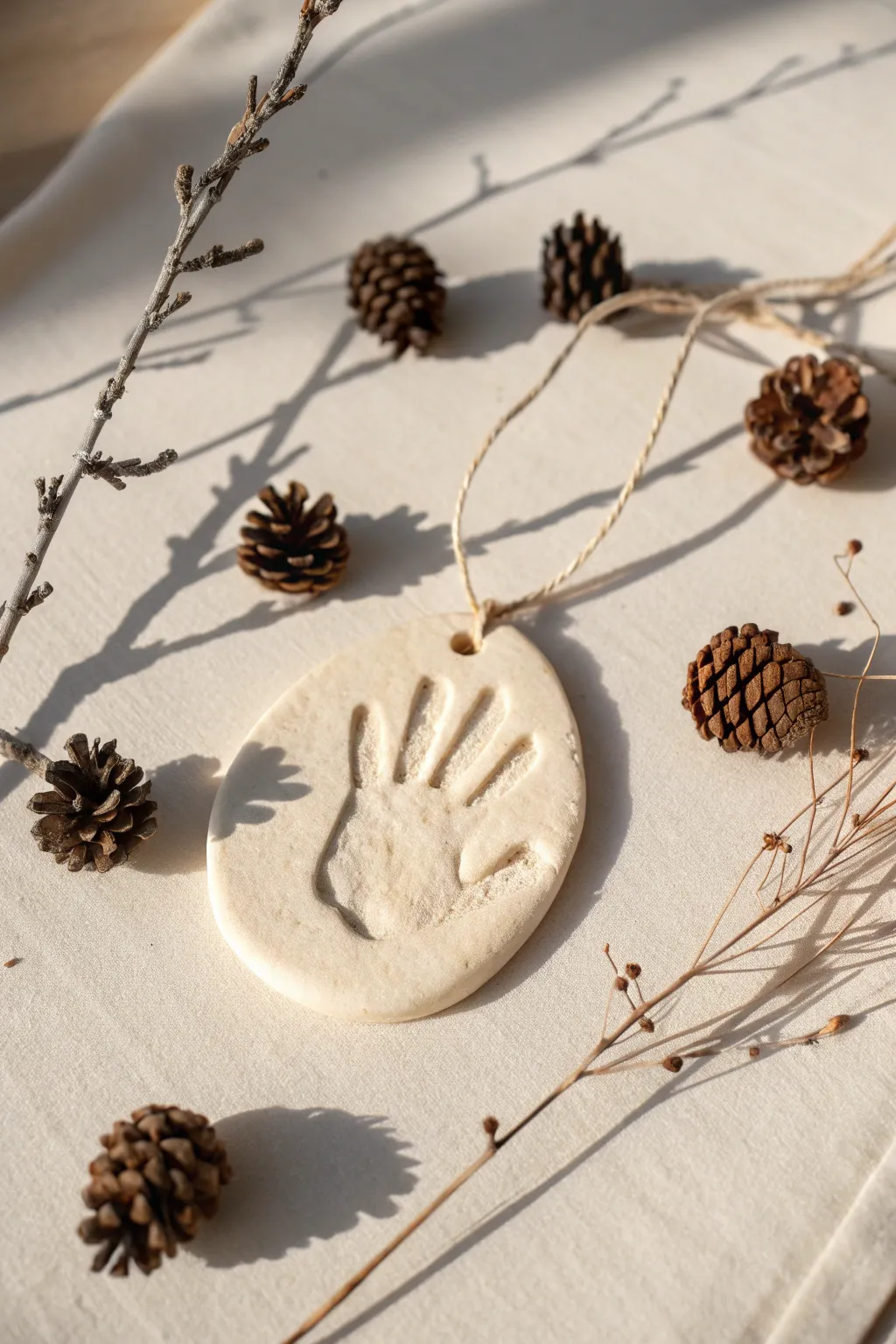 Embrace the outdoors with this nature-inspired handprint ornament, where simplicity meets rustic charm.