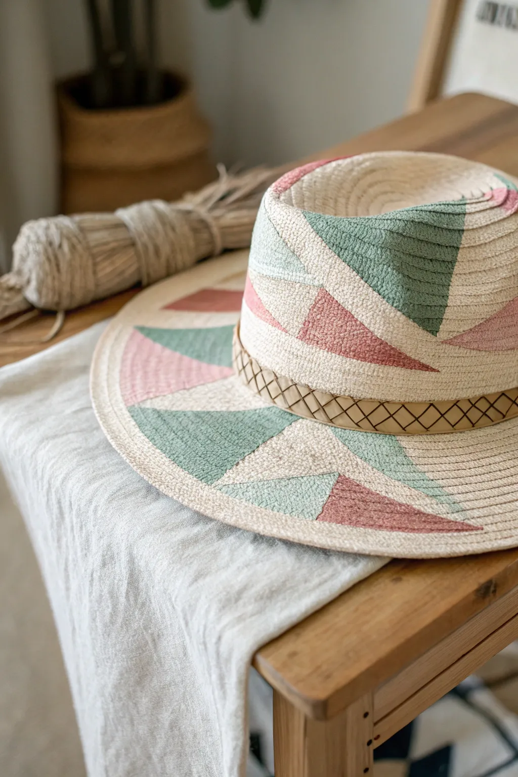 Elevate your style with geometric elegance: a hand-painted hat that marries modern minimalism with natural beauty.