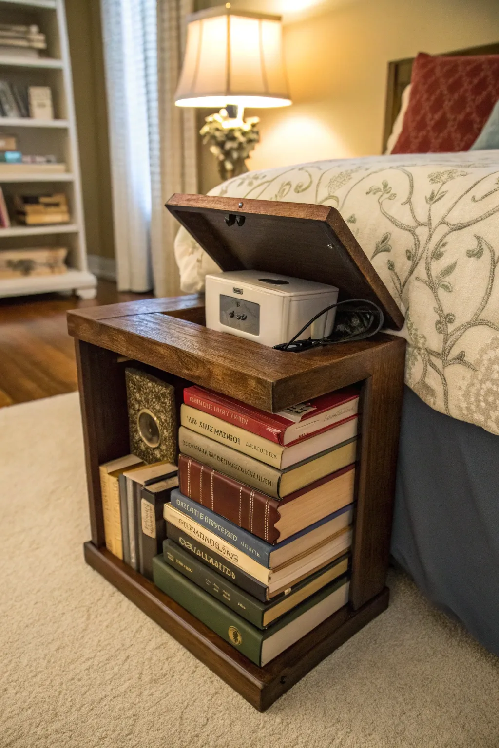 A clever book-themed box conceals the CPAP machine effortlessly.