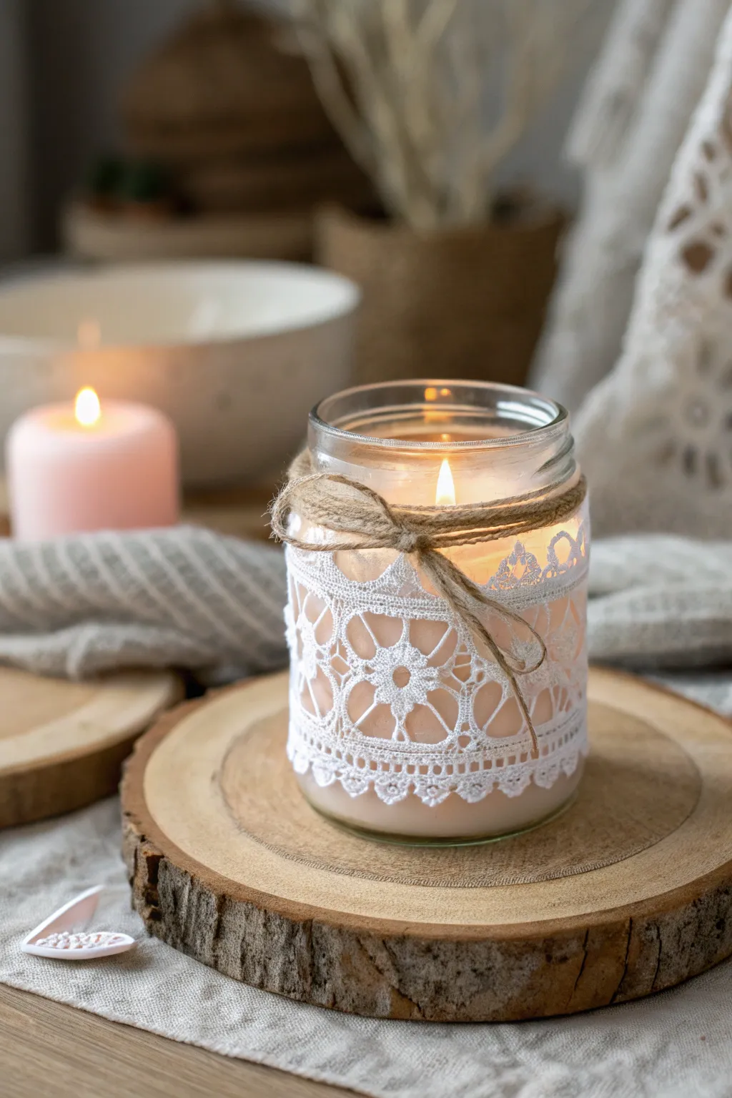 Illuminate your space with boho elegance: a handcrafted lace candle holder brings warmth and charm to cozy nights in.