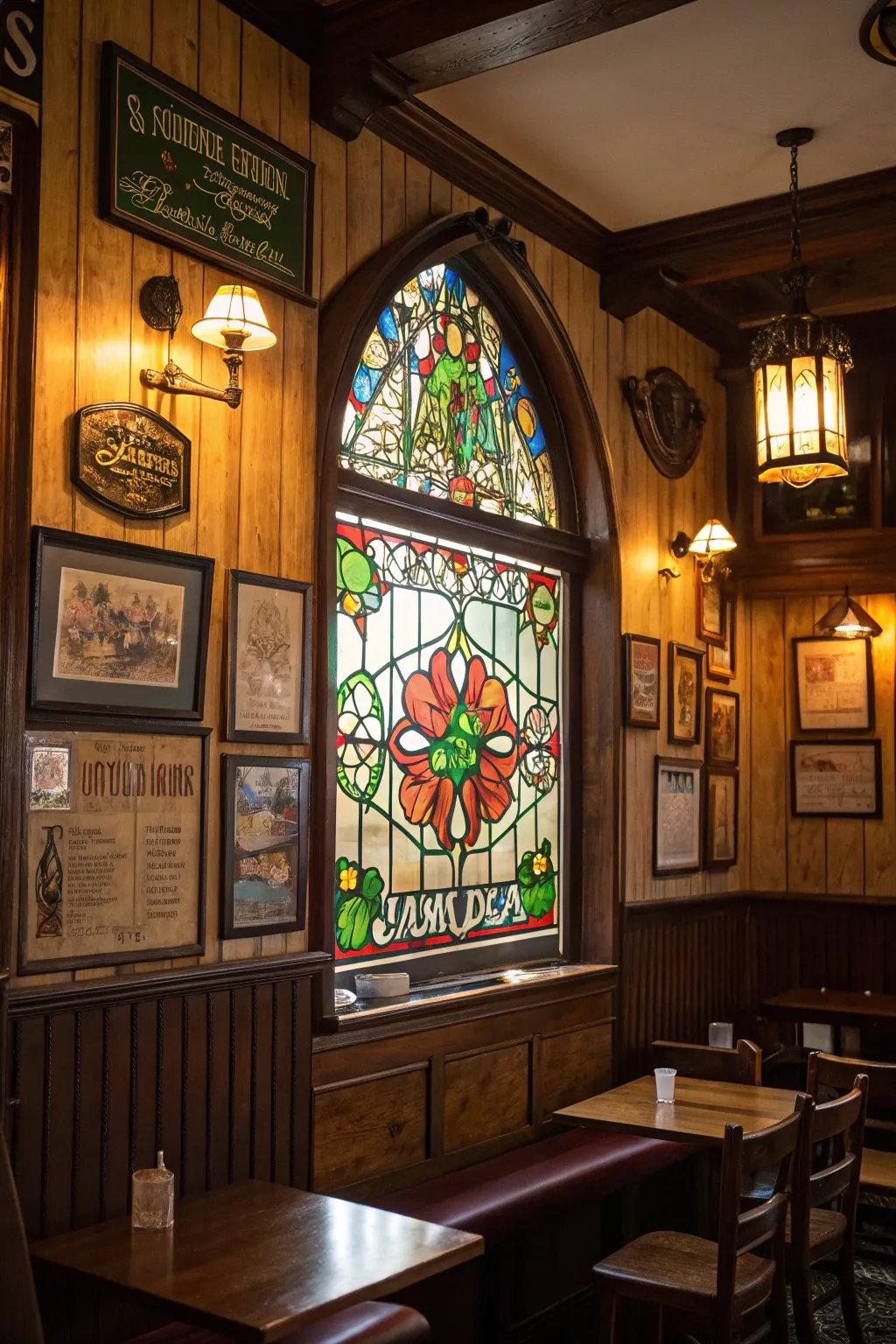 Stained glass adds color and historical flair to your home pub.