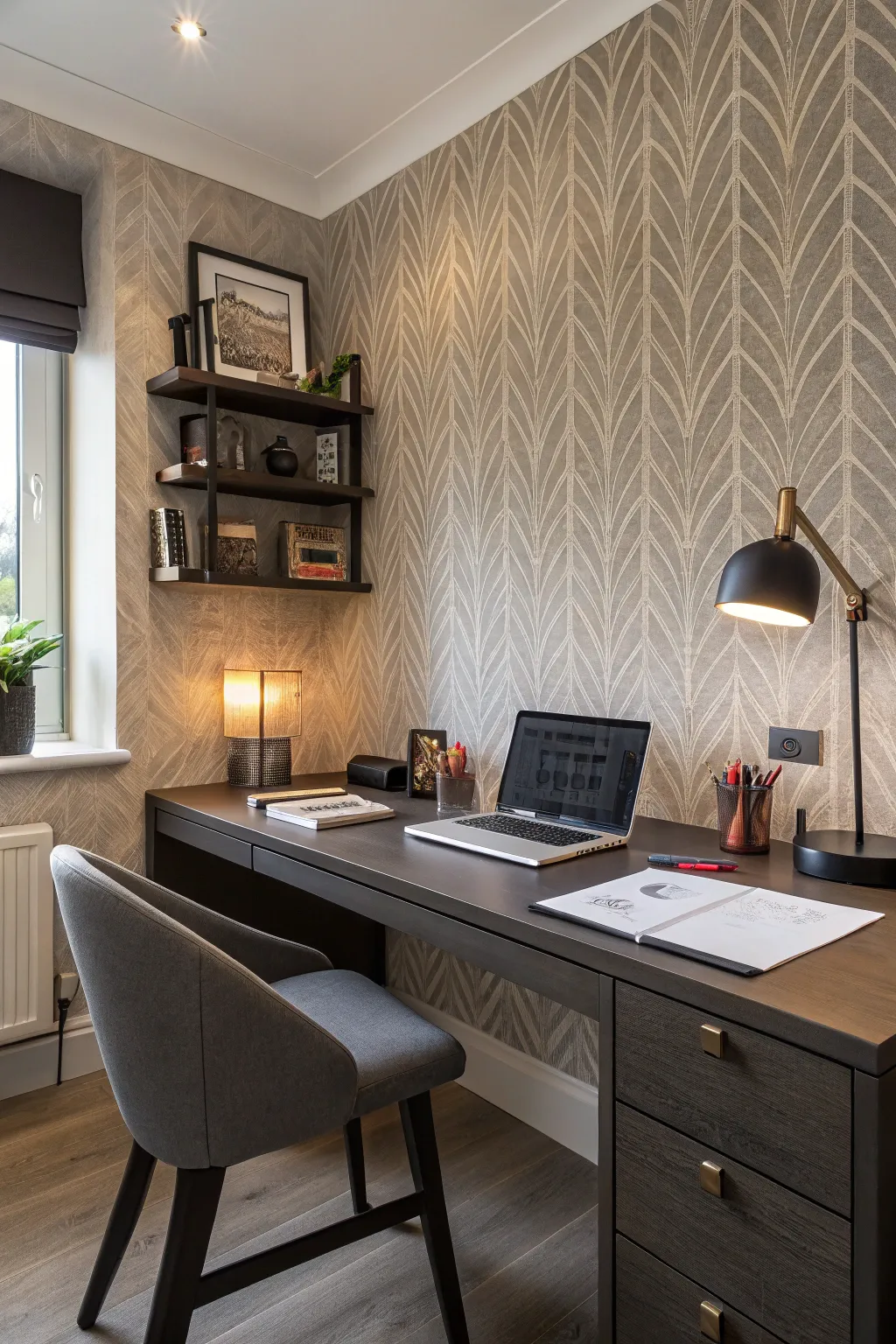 Textured walls add depth and interest to the office.