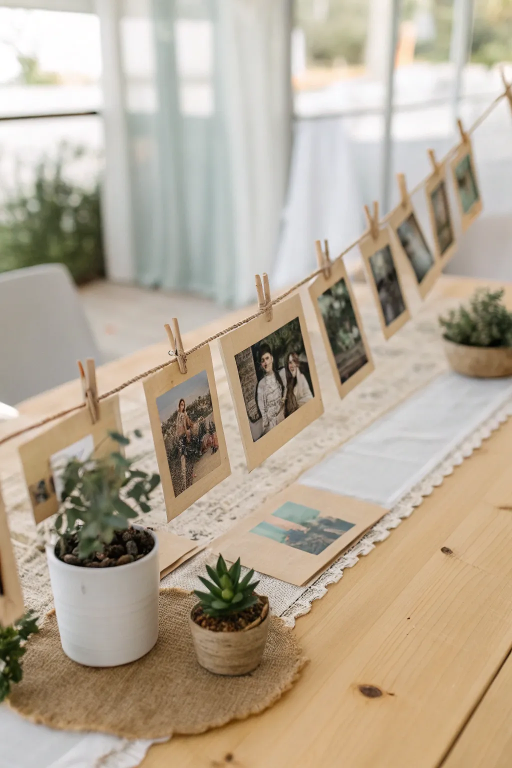 Capture and celebrate precious moments with a minimalist photo garland centerpiece, perfect for a baptism gathering.
