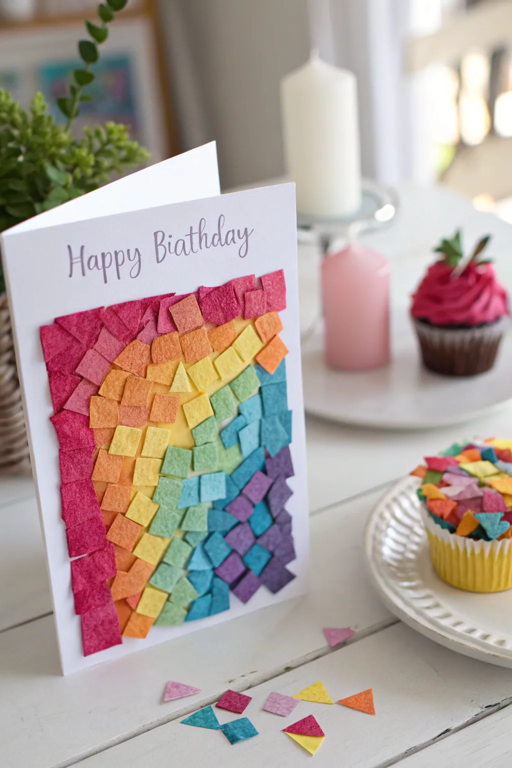 A burst of color and creativity: a toddler's delightful tissue paper mosaic card!