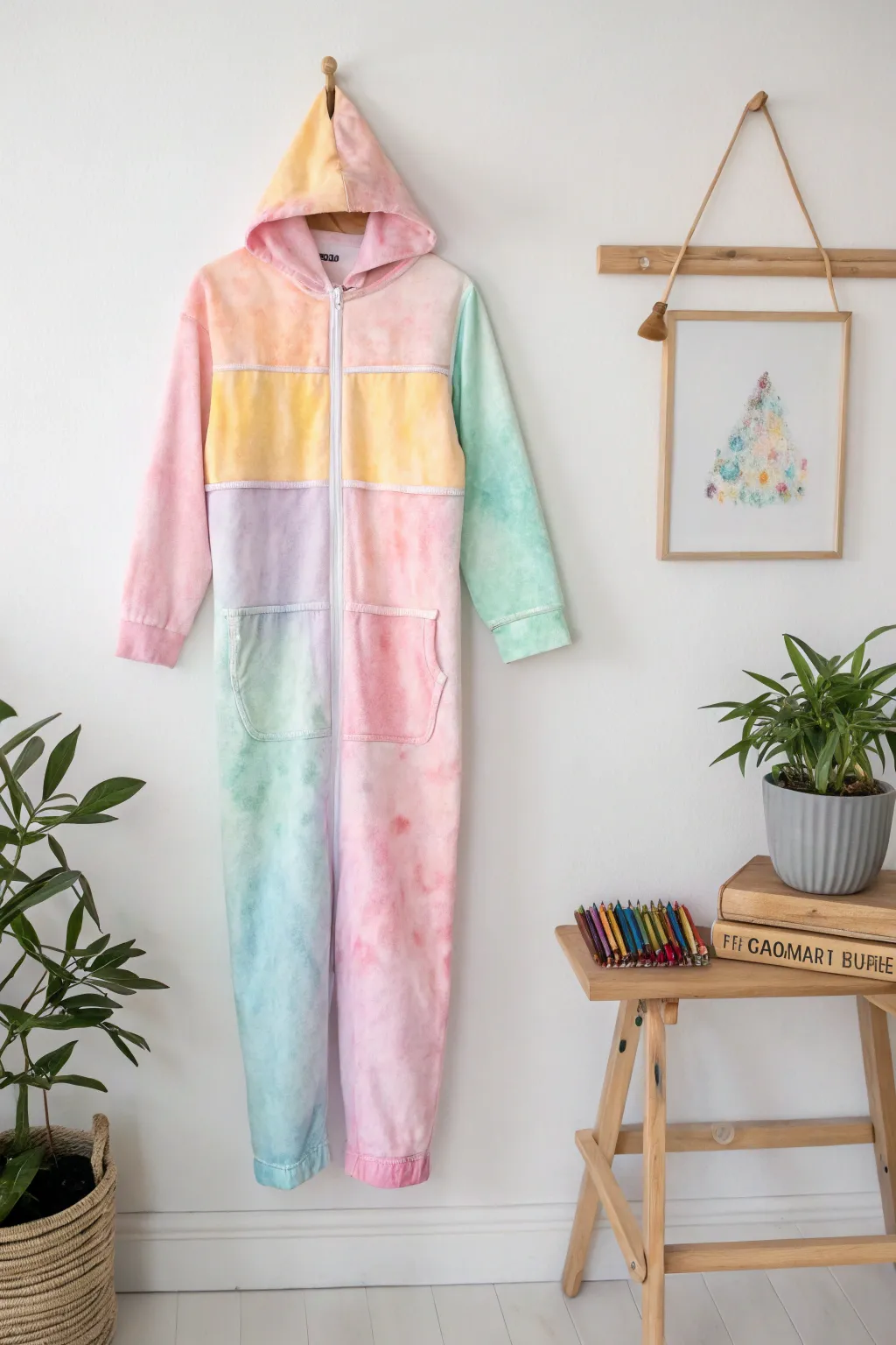 Unleash your creativity with this unique tie-dye crayon costume, where simplicity meets artistic flair.