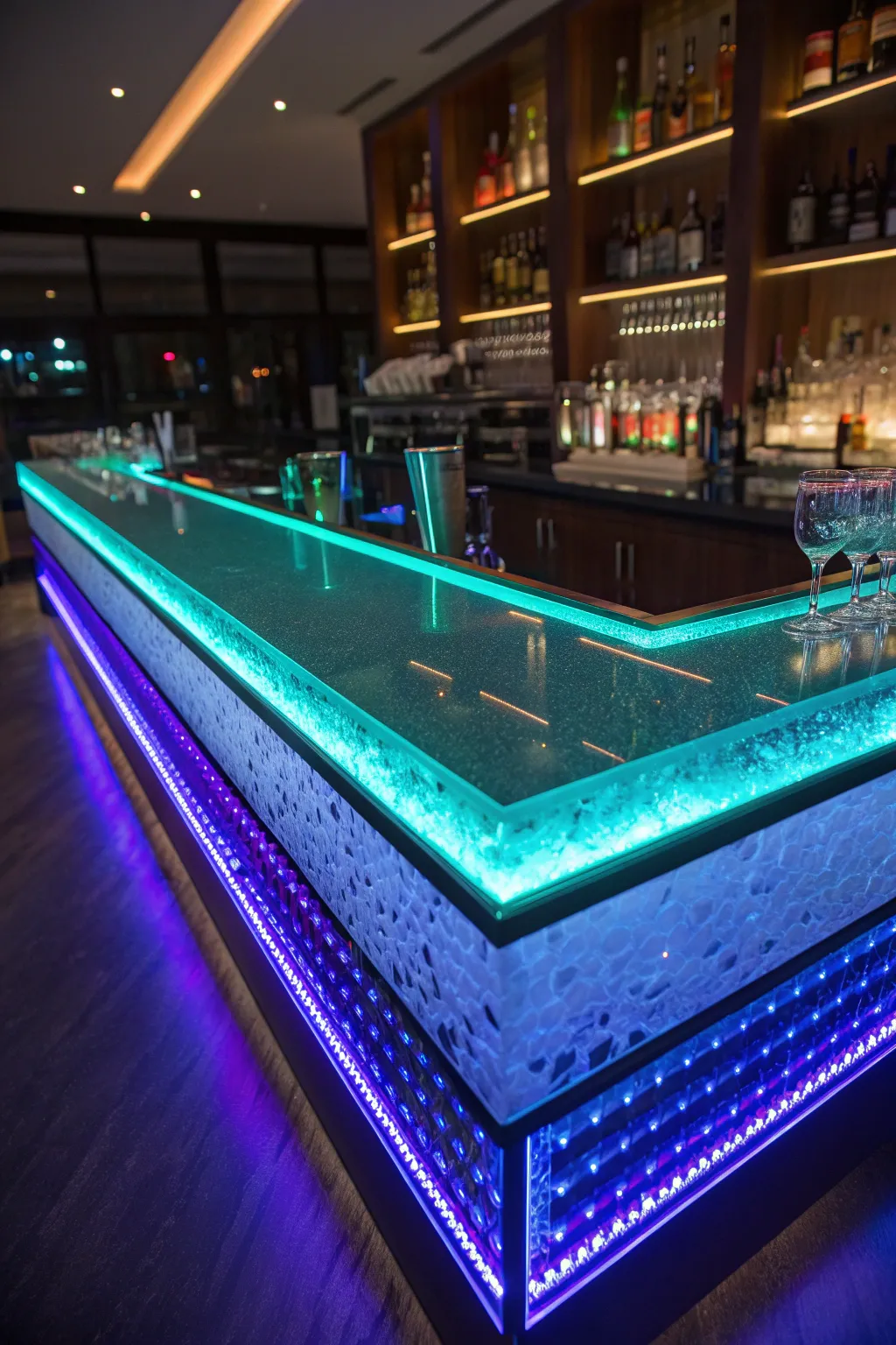Transform your space with a stunning illuminated glass bar top, where craftsmanship meets futuristic elegance.