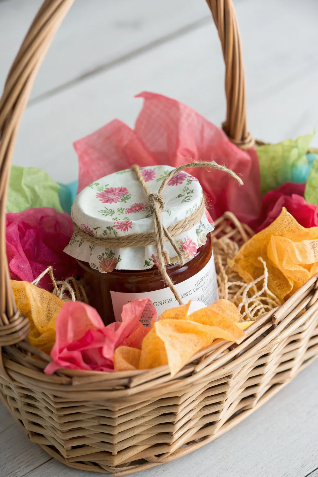 Add a pop of color and elegance to your homemade jam gifts with vibrant tissue paper layers.